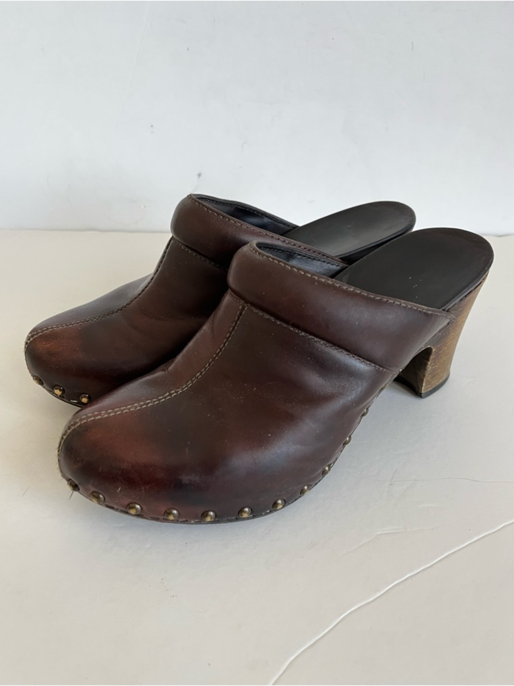 Dansko Brown Leather Studded Mule Clog wooden Heels Size 37
